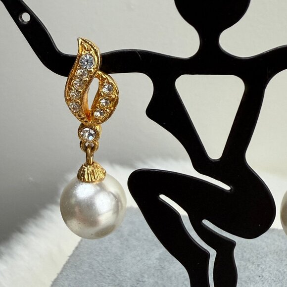Gold Tone Faux Pearl & Rhinestone Pierced Earrings - Picture 2 of 8